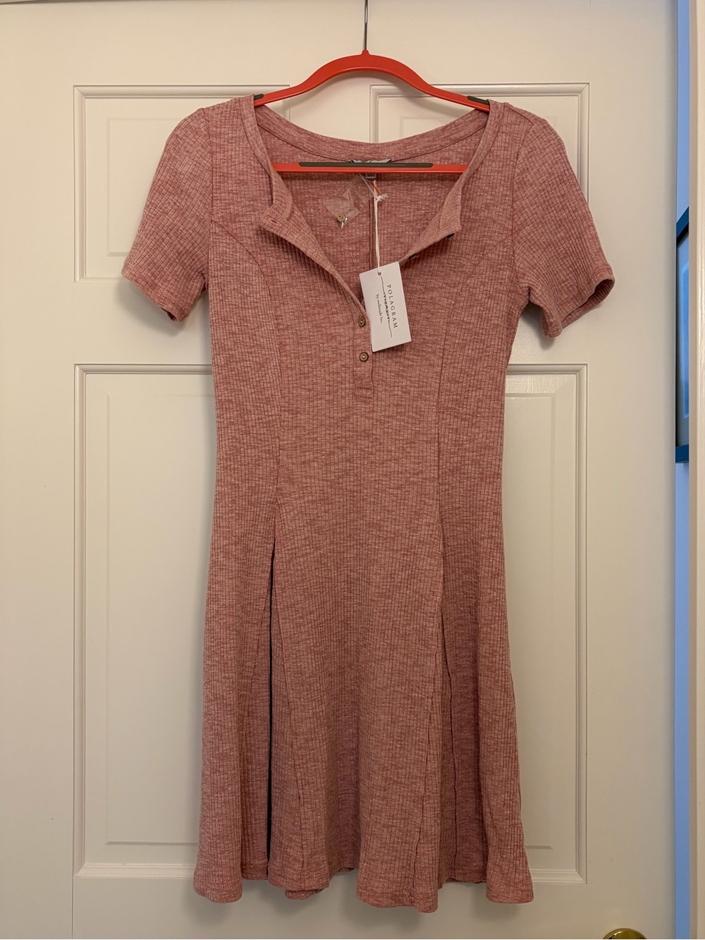 Ribbed Short-Sleeve Knit Mini Dress in Dusty Rose